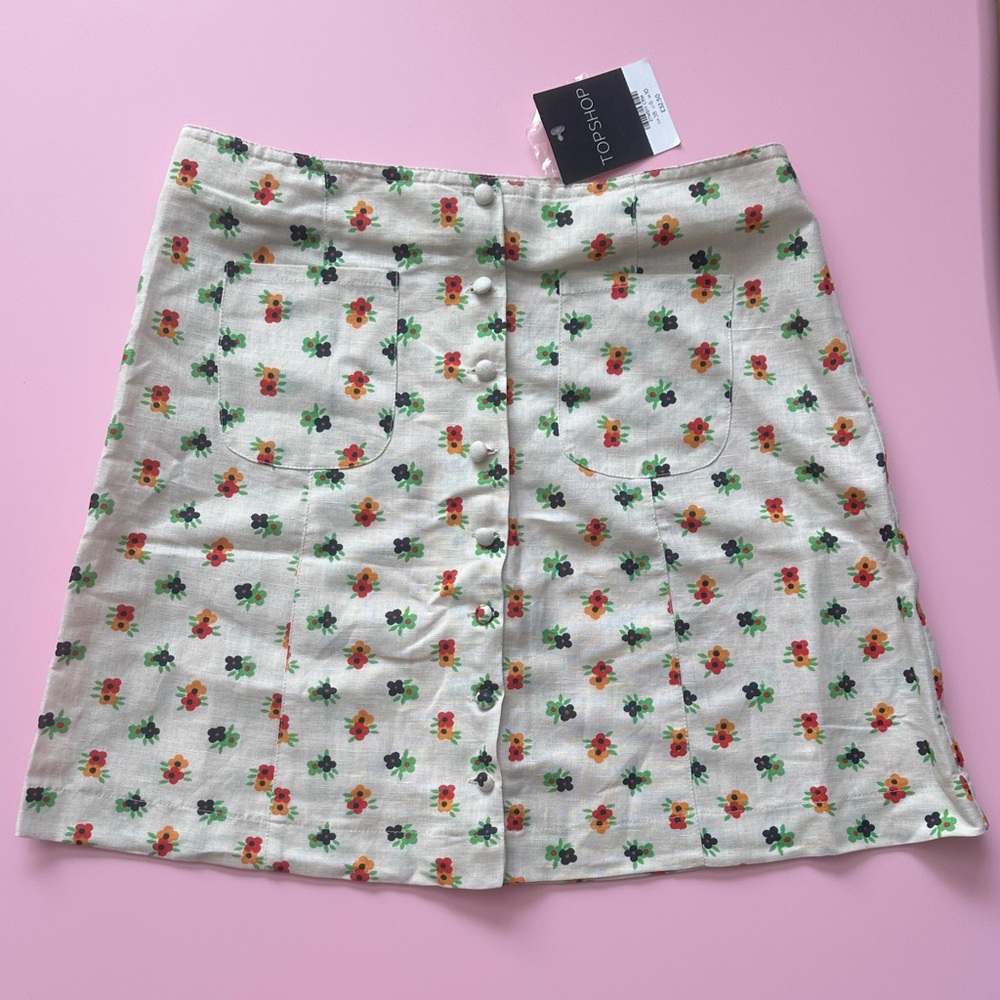 Topshop Cream Floral A-Line Mini Skirt with Green & Orange Accents NWT Linen